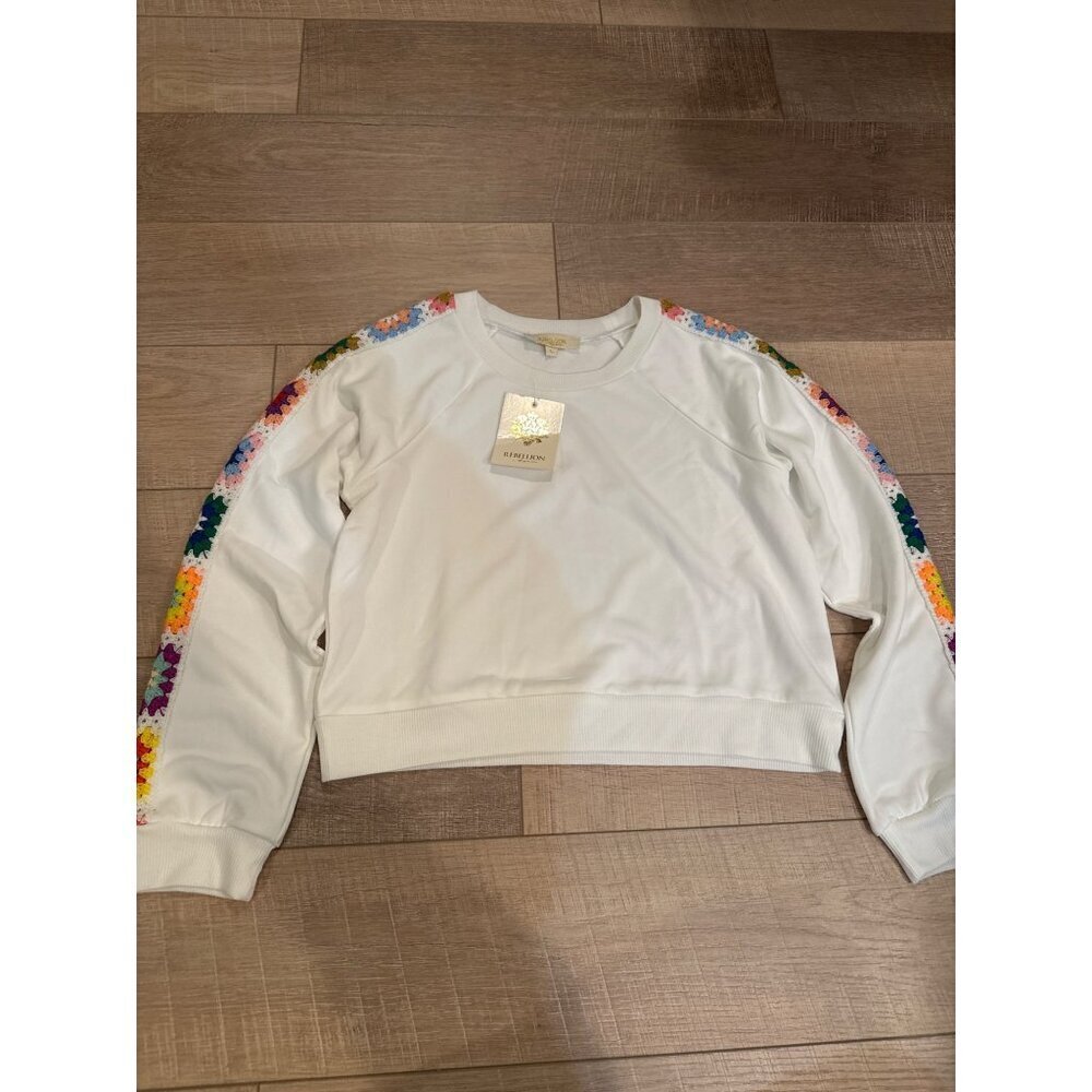 Rainbow Flower Sleeve White Sweatshirt By Rebellion Again - Polyester Womens L